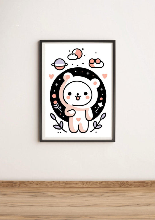 Get ready to fall in love with the Bear Bliss Print! This adorable piece features a super cute cartoon bear, complete with a heart on its belly, beaming happily in front of a dreamy starry black circle. Imagine pastel planets, fluffy clouds, and lovely hearts all coming together to create a whimsical backdrop. This minimalistic artwork shines with its premium finishes and looks absolutely stunning displayed on a wooden floor against a crisp white wall. It's sure to add charm to any space!