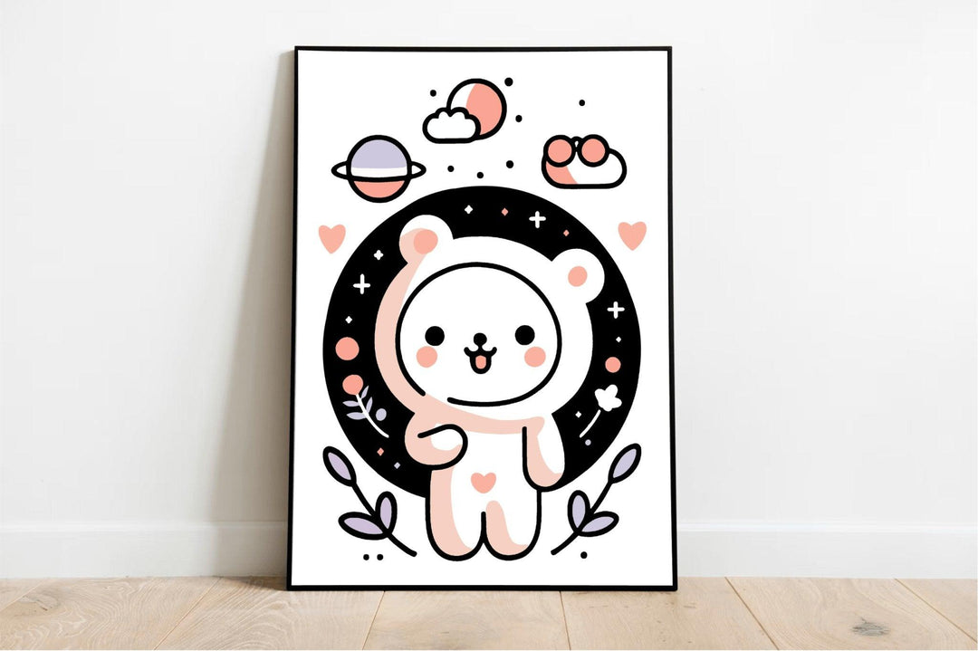 Get ready to fall in love with the Bear Bliss Print! This adorable piece features a super cute cartoon bear, complete with a heart on its belly, beaming happily in front of a dreamy starry black circle. Imagine pastel planets, fluffy clouds, and lovely hearts all coming together to create a whimsical backdrop. This minimalistic artwork shines with its premium finishes and looks absolutely stunning displayed on a wooden floor against a crisp white wall. It's sure to add charm to any space!