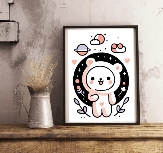 Get ready to fall in love with the Bear Bliss Print! This adorable piece features a super cute cartoon bear, complete with a heart on its belly, beaming happily in front of a dreamy starry black circle. Imagine pastel planets, fluffy clouds, and lovely hearts all coming together to create a whimsical backdrop. This minimalistic artwork shines with its premium finishes and looks absolutely stunning displayed on a wooden floor against a crisp white wall. It's sure to add charm to any space!