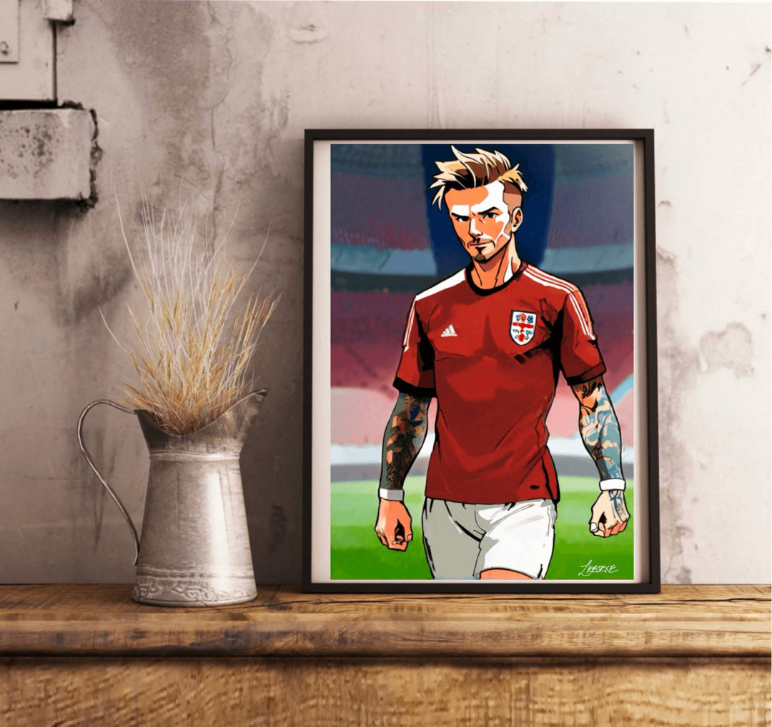 Introducing "Beckham's Anime Legend: A Fusion of Football and Fantasy" – a thrilling blend of sports and art that will captivate any die-hard fan! Picture this: a dynamic male soccer player sporting a striking red jersey with a bold white cross emblem, paired perfectly with crisp white shorts and cool wristbands. His spiky blond hair and intricately tattooed arms capture the energetic essence of both football stars and beloved manga characters. Surrounding him is the backdrop of an electrifying stadium, whe