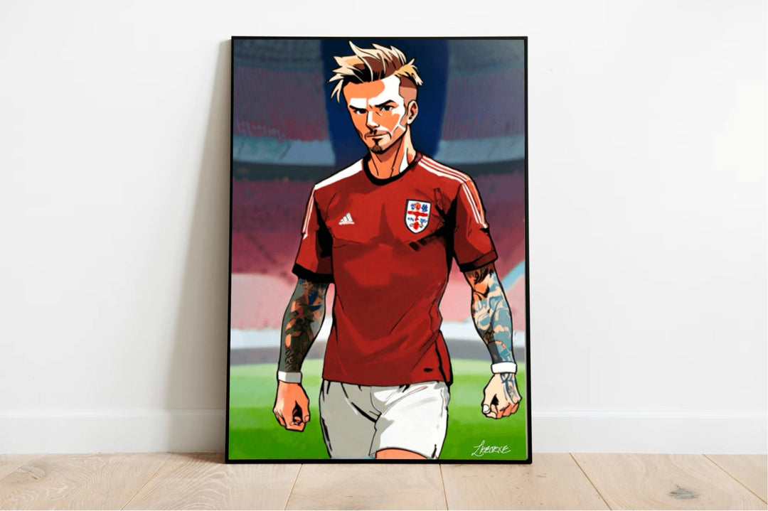 Introducing "Beckham's Anime Legend: A Fusion of Football and Fantasy" – a thrilling blend of sports and art that will captivate any die-hard fan! Picture this: a dynamic male soccer player sporting a striking red jersey with a bold white cross emblem, paired perfectly with crisp white shorts and cool wristbands. His spiky blond hair and intricately tattooed arms capture the energetic essence of both football stars and beloved manga characters. Surrounding him is the backdrop of an electrifying stadium, whe