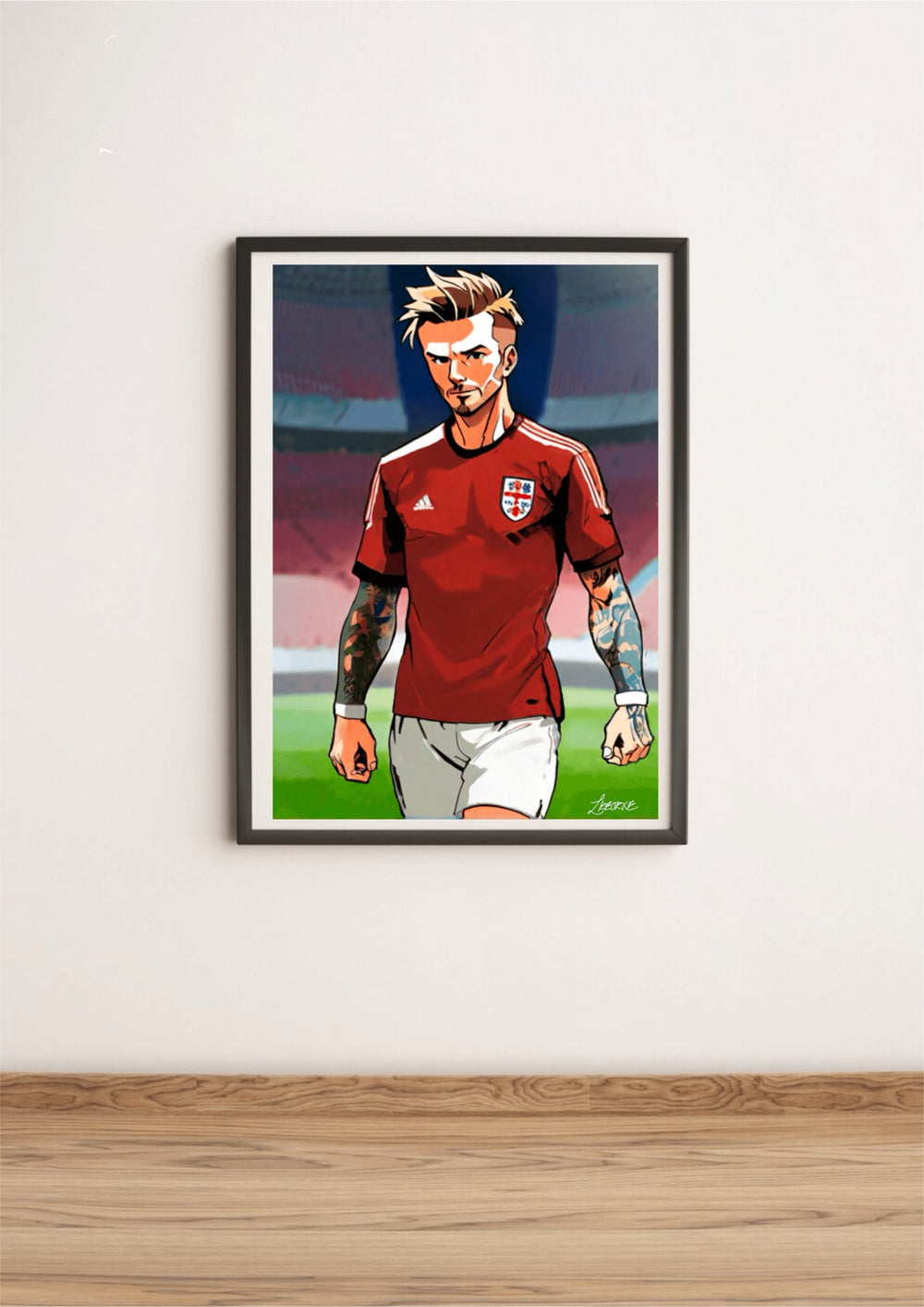 Introducing "Beckham's Anime Legend: A Fusion of Football and Fantasy" – a thrilling blend of sports and art that will captivate any die-hard fan! Picture this: a dynamic male soccer player sporting a striking red jersey with a bold white cross emblem, paired perfectly with crisp white shorts and cool wristbands. His spiky blond hair and intricately tattooed arms capture the energetic essence of both football stars and beloved manga characters. Surrounding him is the backdrop of an electrifying stadium, whe