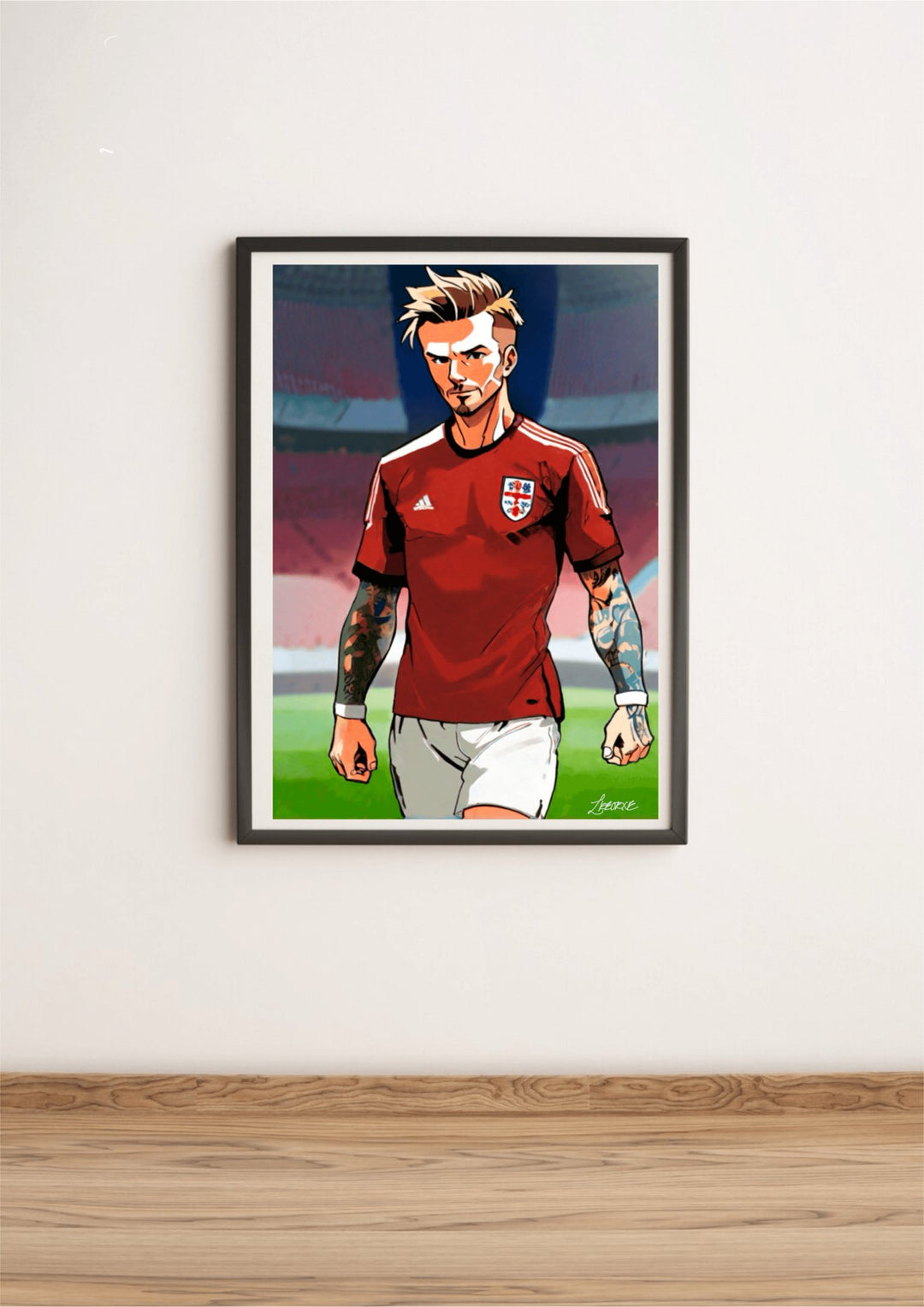 Introducing "Beckham's Anime Legend: A Fusion of Football and Fantasy" – a thrilling blend of sports and art that will captivate any die-hard fan! Picture this: a dynamic male soccer player sporting a striking red jersey with a bold white cross emblem, paired perfectly with crisp white shorts and cool wristbands. His spiky blond hair and intricately tattooed arms capture the energetic essence of both football stars and beloved manga characters. Surrounding him is the backdrop of an electrifying stadium, whe
