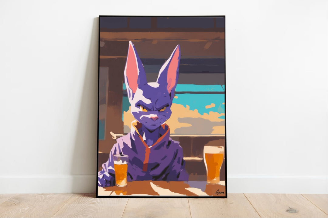 Discover the delightful artwork "Beerus Unwinds: A Cosmic Connoisseur's Delight," where you'll find Beerus, the legendary God of Destruction from Dragon Ball, depicted in a playful, cartoonish style. Sitting comfortably at a table with two glasses of beer, Beerus dons his iconic purple outfit. The laid-back indoor scene features a charming view through a window showcasing blue skies and fluffy clouds. This piece adds a fun touch against its clean white wall backdrop. Perfect for any Dragon Ball fan!