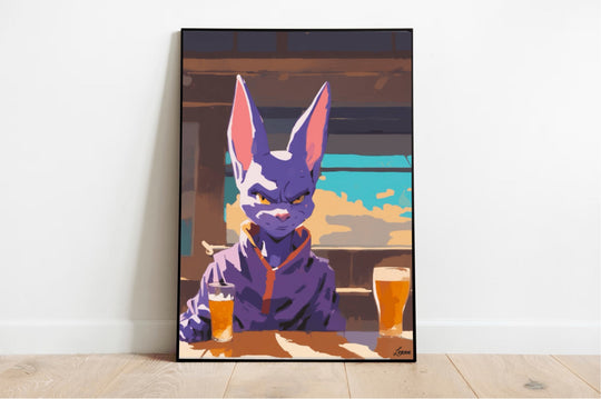 Discover the delightful artwork "Beerus Unwinds: A Cosmic Connoisseur's Delight," where you'll find Beerus, the legendary God of Destruction from Dragon Ball, depicted in a playful, cartoonish style. Sitting comfortably at a table with two glasses of beer, Beerus dons his iconic purple outfit. The laid-back indoor scene features a charming view through a window showcasing blue skies and fluffy clouds. This piece adds a fun touch against its clean white wall backdrop. Perfect for any Dragon Ball fan!