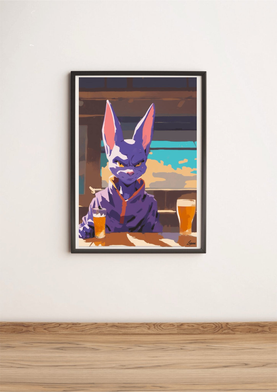 Discover the delightful artwork "Beerus Unwinds: A Cosmic Connoisseur's Delight," where you'll find Beerus, the legendary God of Destruction from Dragon Ball, depicted in a playful, cartoonish style. Sitting comfortably at a table with two glasses of beer, Beerus dons his iconic purple outfit. The laid-back indoor scene features a charming view through a window showcasing blue skies and fluffy clouds. This piece adds a fun touch against its clean white wall backdrop. Perfect for any Dragon Ball fan!