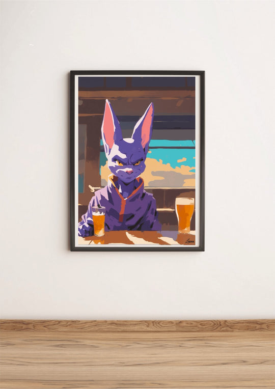 Discover the delightful artwork "Beerus Unwinds: A Cosmic Connoisseur's Delight," where you'll find Beerus, the legendary God of Destruction from Dragon Ball, depicted in a playful, cartoonish style. Sitting comfortably at a table with two glasses of beer, Beerus dons his iconic purple outfit. The laid-back indoor scene features a charming view through a window showcasing blue skies and fluffy clouds. This piece adds a fun touch against its clean white wall backdrop. Perfect for any Dragon Ball fan!