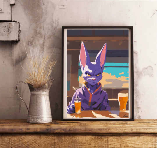 Discover the delightful artwork "Beerus Unwinds: A Cosmic Connoisseur's Delight," where you'll find Beerus, the legendary God of Destruction from Dragon Ball, depicted in a playful, cartoonish style. Sitting comfortably at a table with two glasses of beer, Beerus dons his iconic purple outfit. The laid-back indoor scene features a charming view through a window showcasing blue skies and fluffy clouds. This piece adds a fun touch against its clean white wall backdrop. Perfect for any Dragon Ball fan!