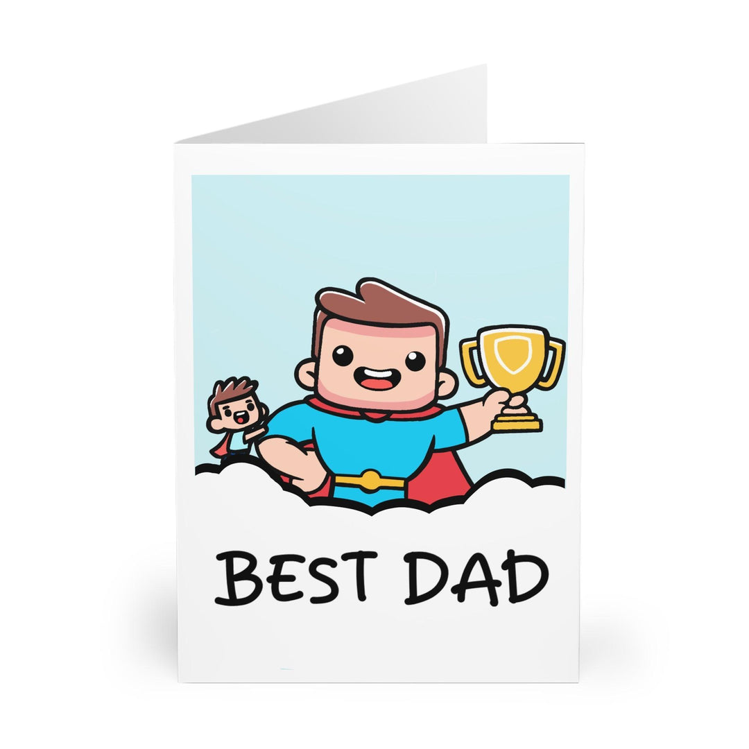 Fun greeting card featuring a cartoon dad in a superhero costume holding a trophy with the text 'Best Dad.' Perfect for Father’s Day or celebrating the superhero dad in your life - Baby Keo.