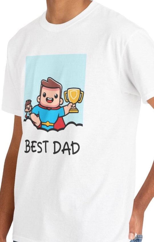 White T-shirt featuring a superhero dad figure with the text 'Best Dad' written below. A perfect gift for fathers, celebrating the superhero qualities of being a dad."