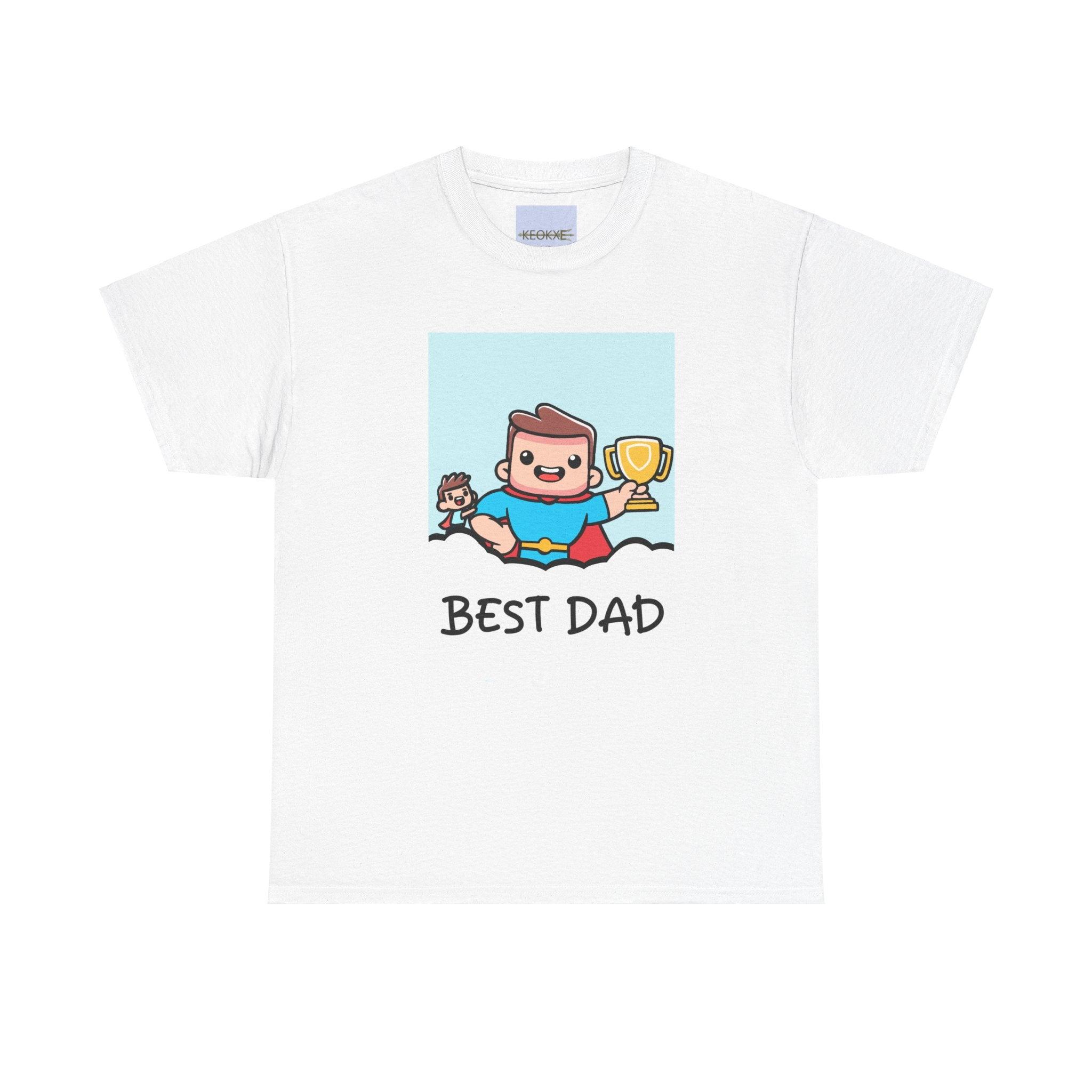 White T-shirt featuring a superhero dad figure with the text 'Best Dad' written below. A perfect gift for fathers, celebrating the superhero qualities of being a dad."
