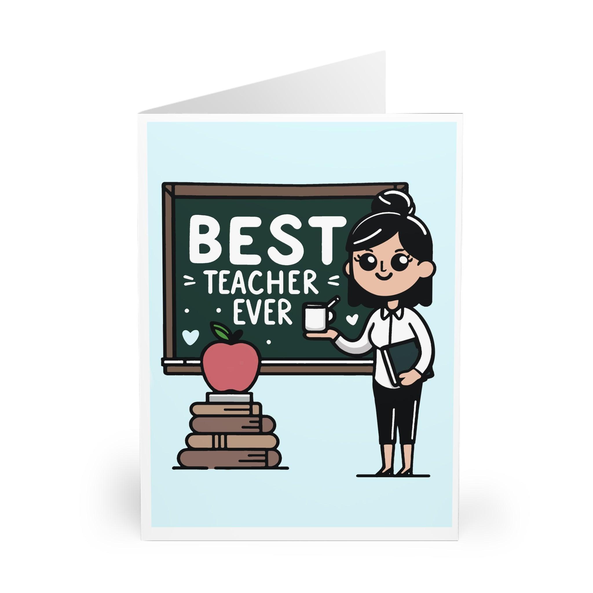 Cute greeting card featuring a teacher holding a chalkboard with the text 'Best Teacher Ever.' Ideal for expressing gratitude and appreciation for your favorite teacher - Baby Keo.