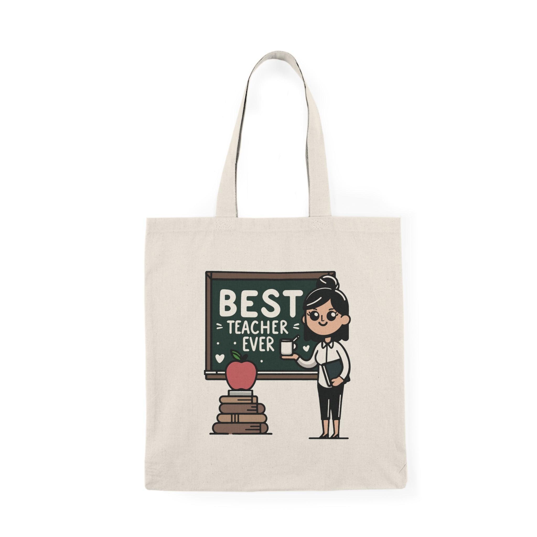 Tote bag featuring a cheerful design with the phrase 'Best Teacher Ever' surrounded by colorful school-themed graphics, including books and apples. This vibrant and heartfelt design makes it a perfect gift for educators, celebrating their dedication and impact in a fun and stylish way.