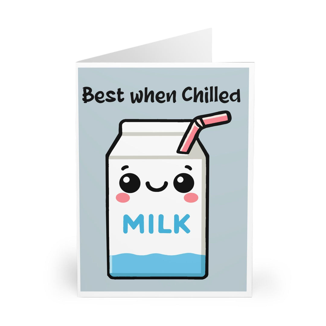 Playful greeting card featuring a smiling milk carton with the phrase 'Best When Chilled.' Perfect for sending a lighthearted message or as a fun note for friends - Baby Keo