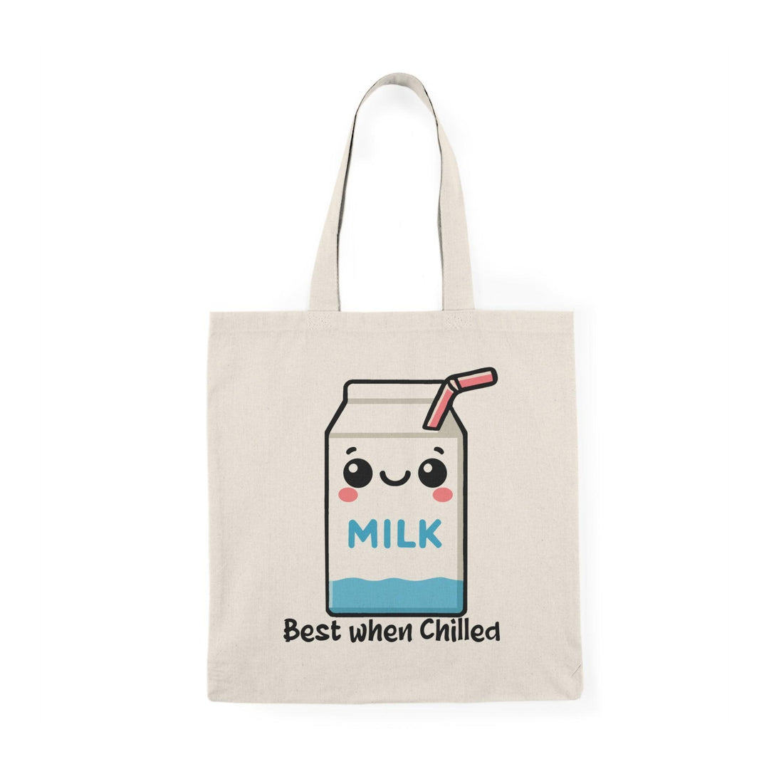Tote bag featuring a playful illustration of a carton of milk with the phrase 'Best When Chilled.' The design showcases fun graphics and vibrant colors, adding a lighthearted touch to your everyday carry while celebrating the joy of cold beverages.