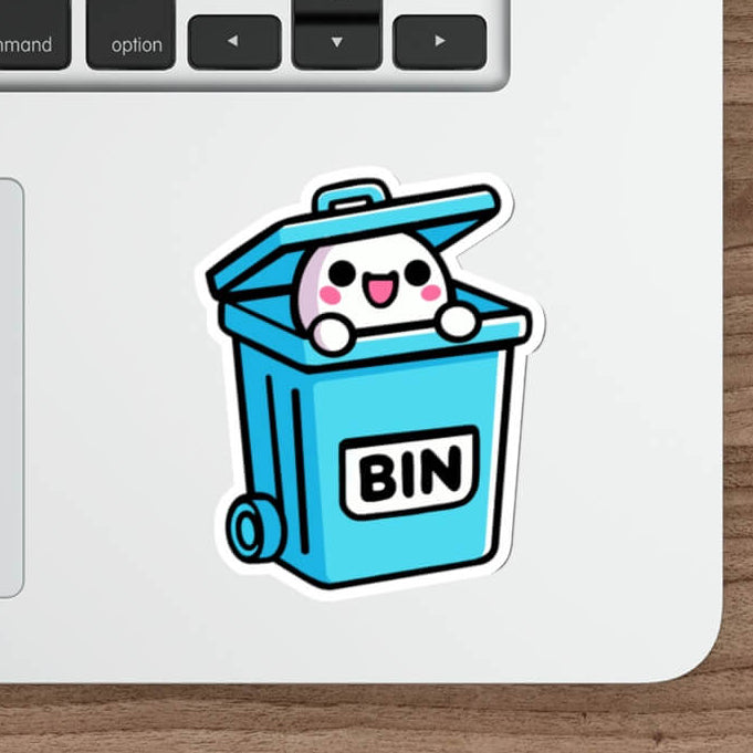 A humorous and cute sticker featuring a cartoon character with a happy face popping out of a blue trash bin labeled "BIN." Perfect for laptops or notebooks. Available as a single sticker, a pack of 3, or a pack of 6