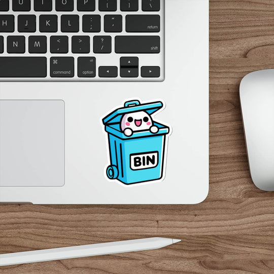 A humorous and cute sticker featuring a cartoon character with a happy face popping out of a blue trash bin labeled "BIN." Perfect for laptops or notebooks. Available as a single sticker, a pack of 3, or a pack of 6