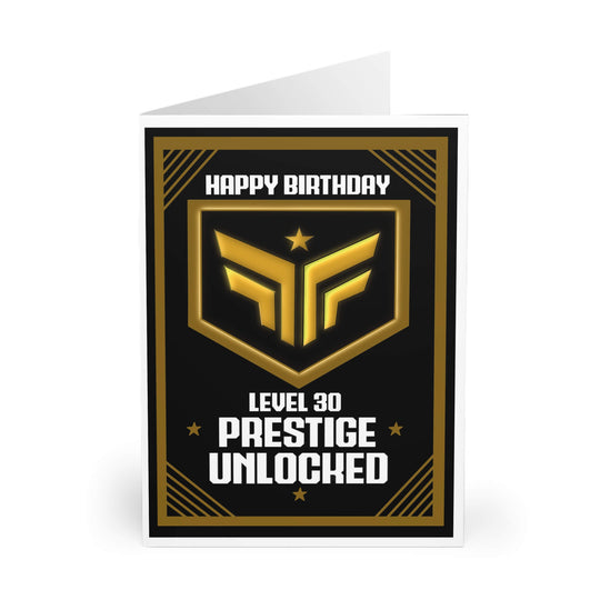 Prestige Unlocked Birthday Card in Black featuring Level 30 with Gold Star Design and "Prestige Unlocked" Text