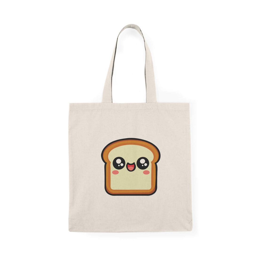 A natural beige tote bag featuring a cute, smiling slice of bread with big, sparkling eyes and rosy cheeks. Made from 100% recycled cotton, this eco-friendly bag is lightweight yet durable. Perfect for shopping, carrying books, or adding a touch of fun to everyday outfits.

