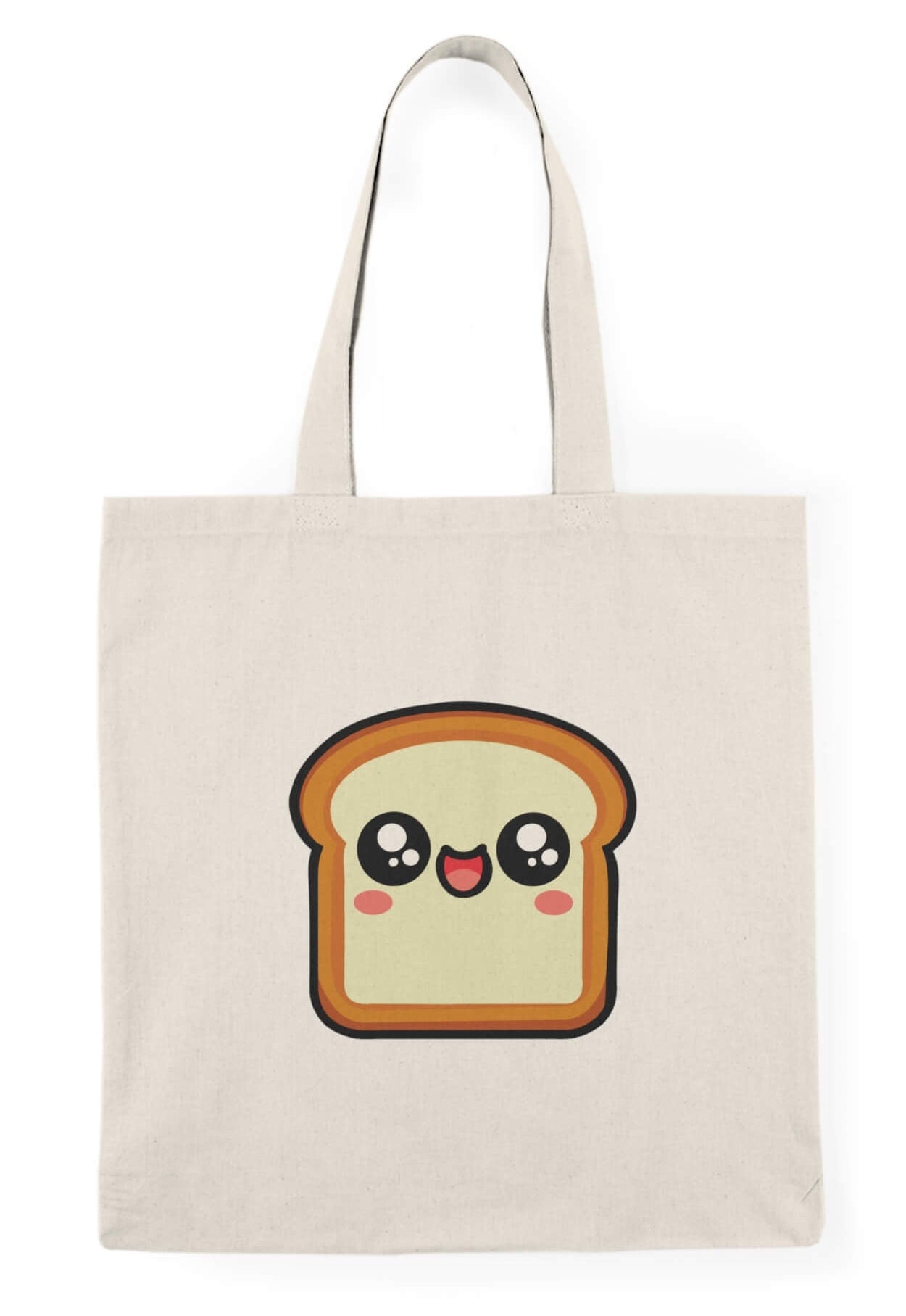 A natural beige tote bag featuring a cute, smiling slice of bread with big, sparkling eyes and rosy cheeks. Made from 100% recycled cotton, this eco-friendly bag is lightweight yet durable. Perfect for shopping, carrying books, or adding a touch of fun to everyday outfits.

