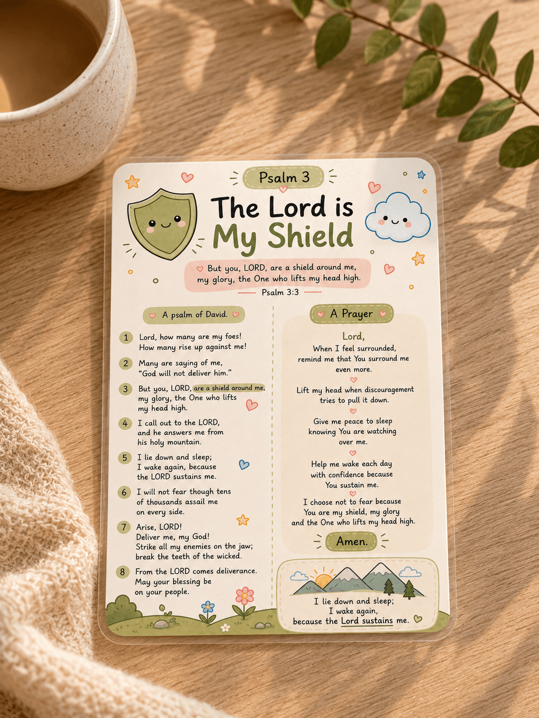 A decorative printed card featuring Psalm 3 as a children&