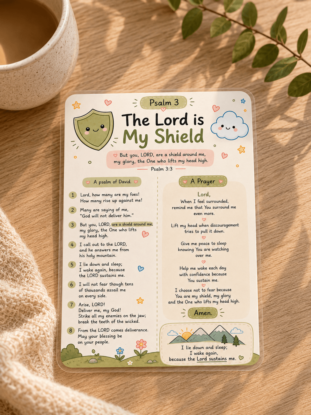 A decorative printed card featuring Psalm 3 as a children's Bible activity sheet, styled on a wooden surface next to a ceramic mug and green leaves.