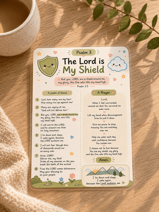 A decorative printed card featuring Psalm 3 as a children&