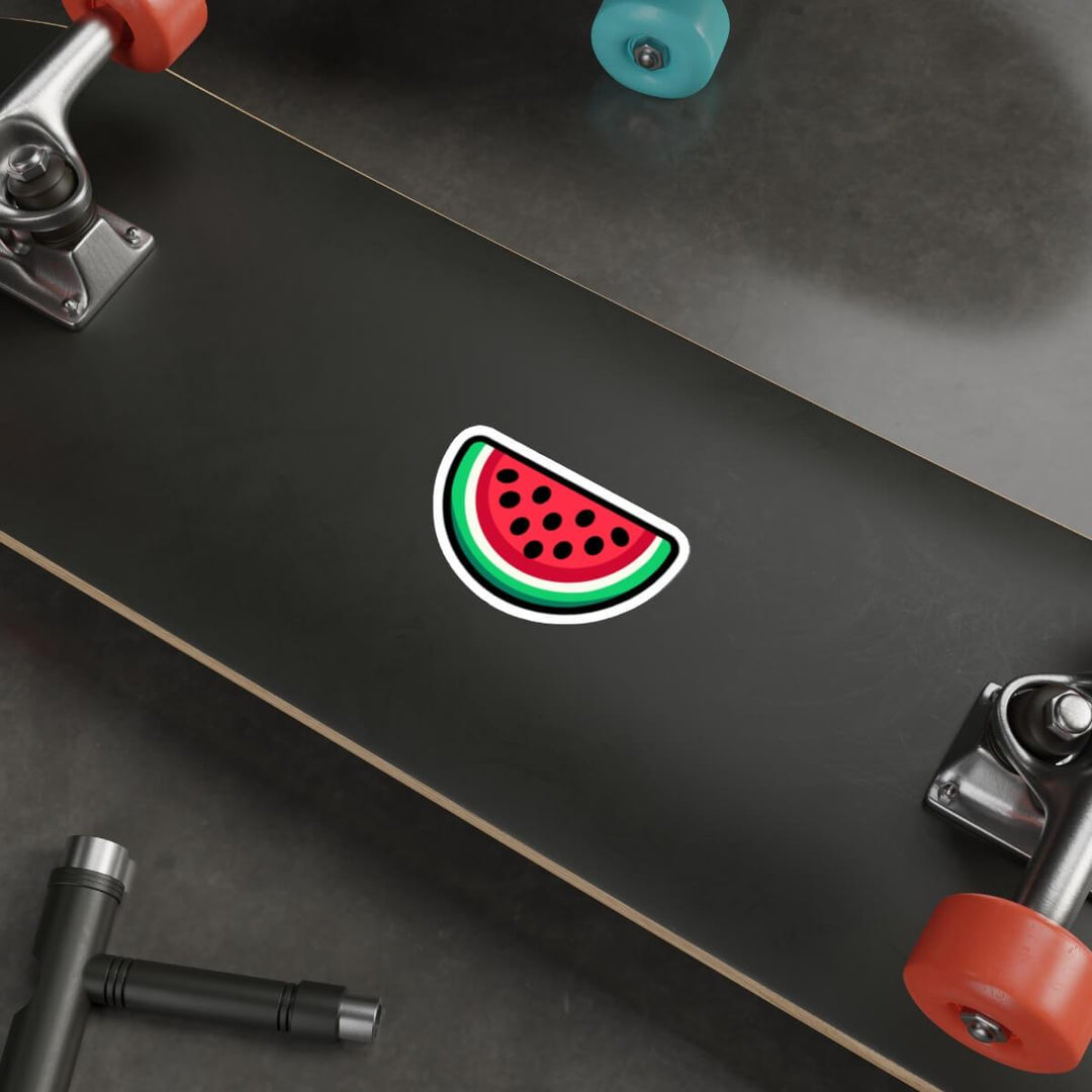 Watermelon sticker design with vibrant red flesh, black seeds, and green rind, featuring a glossy finish. Durable and waterproof, perfect for laptops, water bottles, and personalizing your space.


