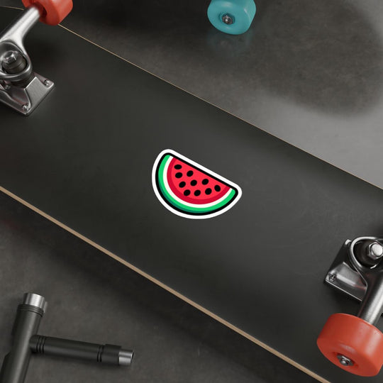 Watermelon sticker design with vibrant red flesh, black seeds, and green rind, featuring a glossy finish. Durable and waterproof, perfect for laptops, water bottles, and personalizing your space.

