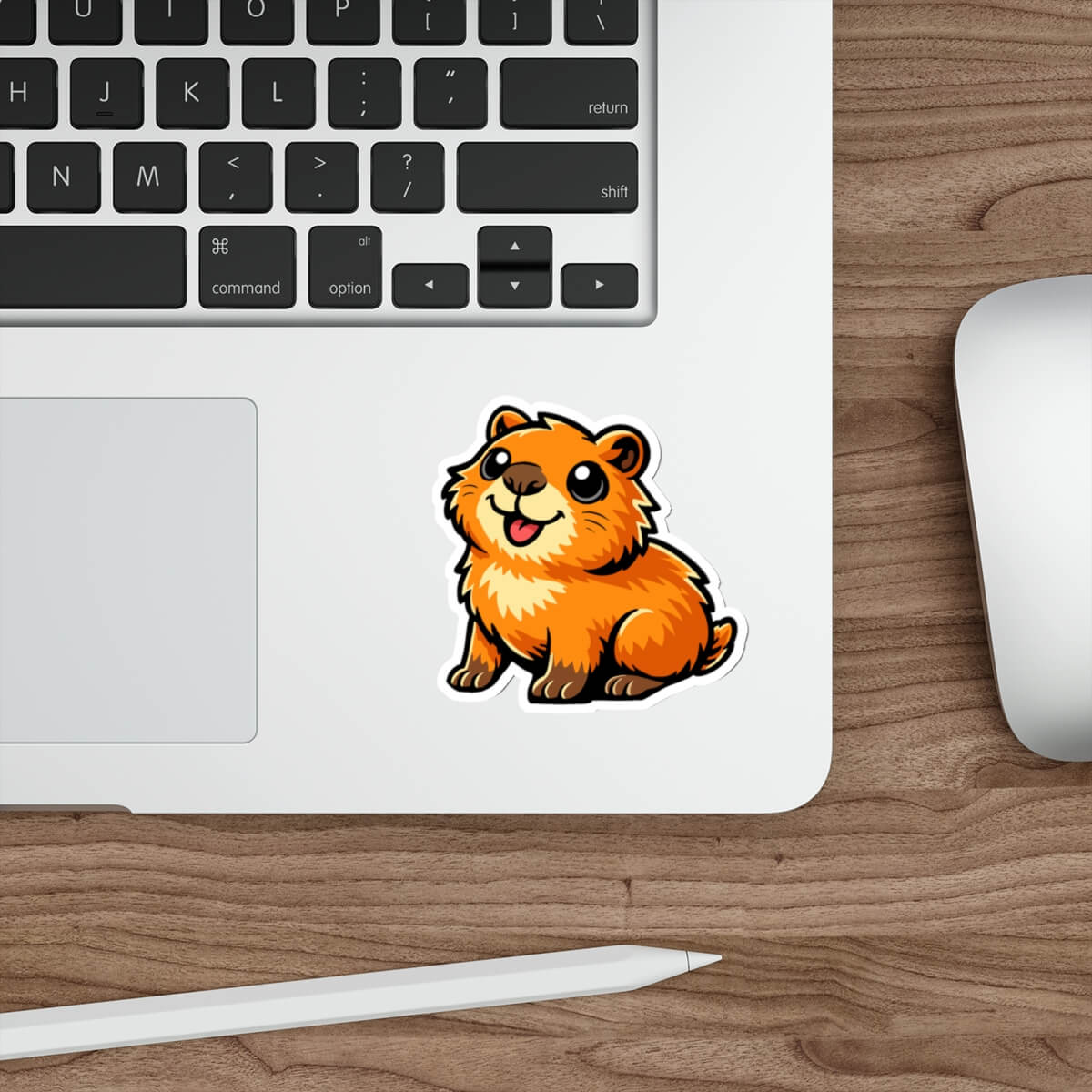 Cute illustrated capybara vinyl sticker on laptop, waterproof sticker with bold cartoon style.