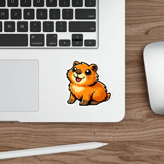 Cute illustrated capybara vinyl sticker on laptop, waterproof sticker with bold cartoon style.