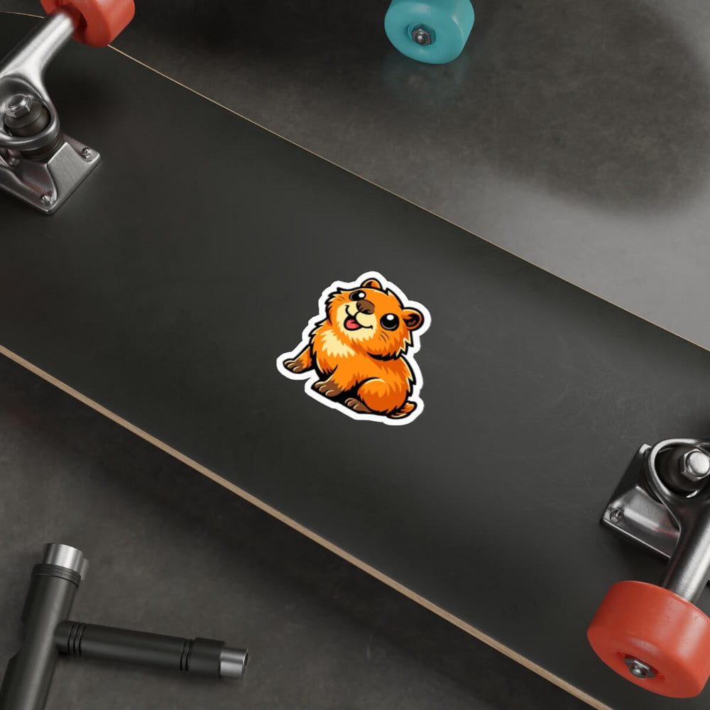 Cute illustrated capybara vinyl sticker on laptop, waterproof sticker with bold cartoon style.