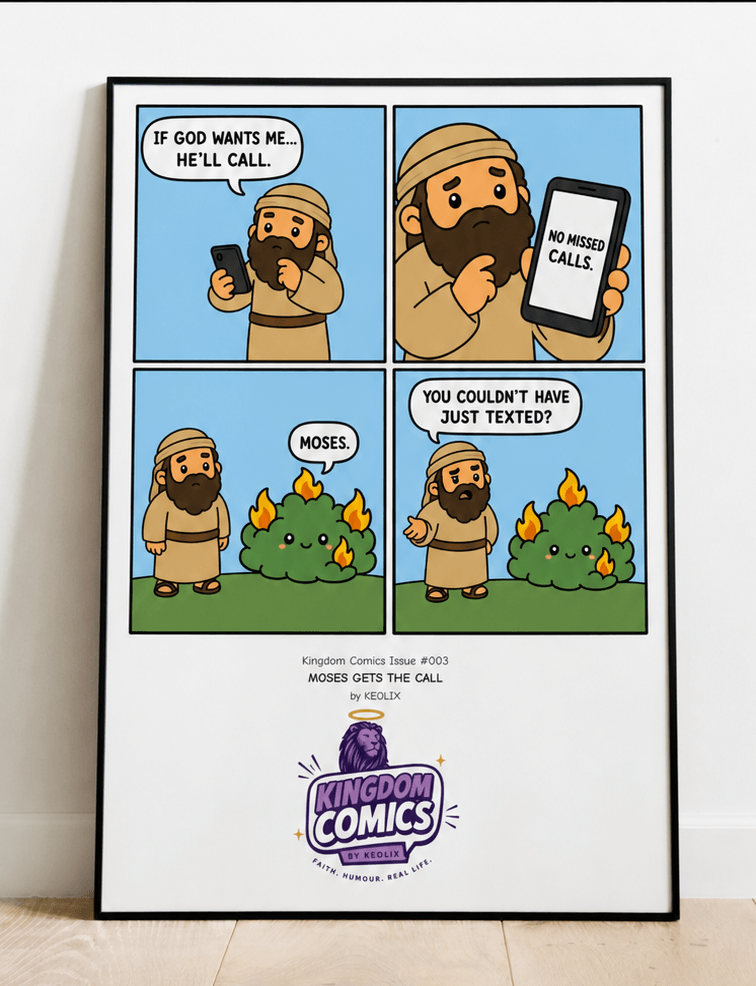 A framed vertical comic print leaning against a white wall on a light wood floor. The comic shows a cartoon man with a beard making phone calls, with one panel showing flames behind him and text at the bottom including the 'Fun World Comics' logo.