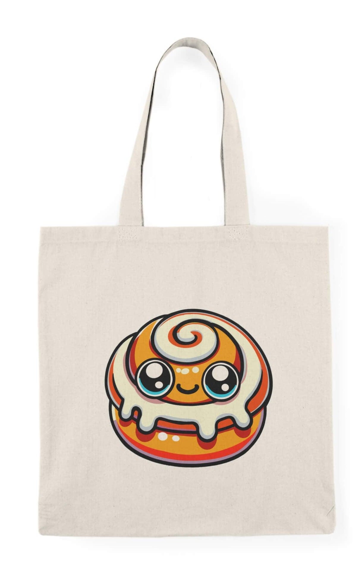 A tote bag featuring a charming kawaii-style cinnamon bun design on a natural canvas background, combining practicality with a playful aesthetic.

