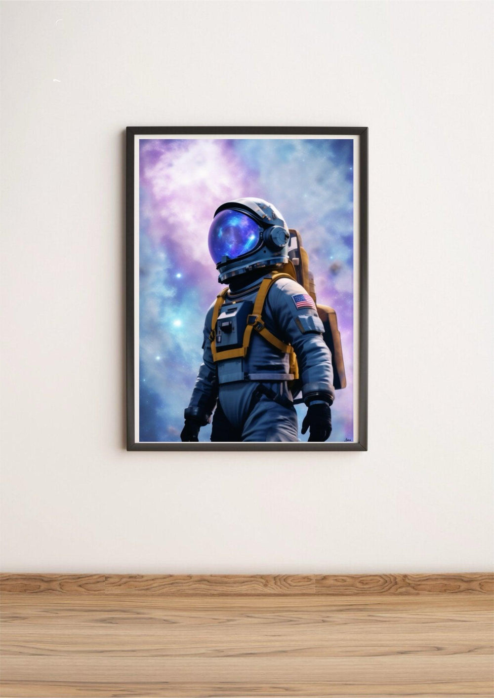 Introducing 'Celestial Odyssey' – a mesmerizing piece of Astronaut in Galaxy Artwork that's ready to light up your space! Picture this: an astronaut suited up, standing confidently on a wooden floor with a crisp white wall as the backdrop. The helmet is the true showstopper, gleaming with vivid reflections of a breathtaking galaxy swirling with stars. Adding an extra touch of authenticity and wonder, you'll find the iconic American flag patch proudly displayed on the suit's left shoulder. This framed master