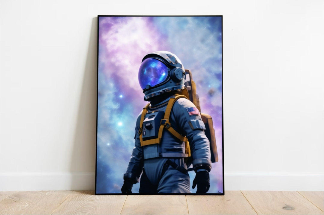 Introducing 'Celestial Odyssey' – a mesmerizing piece of Astronaut in Galaxy Artwork that's ready to light up your space! Picture this: an astronaut suited up, standing confidently on a wooden floor with a crisp white wall as the backdrop. The helmet is the true showstopper, gleaming with vivid reflections of a breathtaking galaxy swirling with stars. Adding an extra touch of authenticity and wonder, you'll find the iconic American flag patch proudly displayed on the suit's left shoulder. This framed master