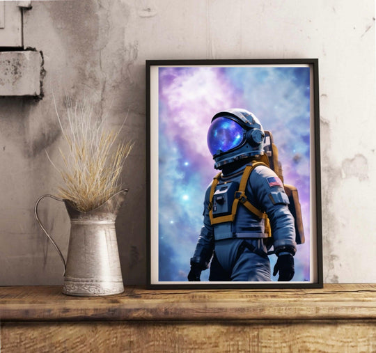 Introducing 'Celestial Odyssey' – a mesmerizing piece of Astronaut in Galaxy Artwork that's ready to light up your space! Picture this: an astronaut suited up, standing confidently on a wooden floor with a crisp white wall as the backdrop. The helmet is the true showstopper, gleaming with vivid reflections of a breathtaking galaxy swirling with stars. Adding an extra touch of authenticity and wonder, you'll find the iconic American flag patch proudly displayed on the suit's left shoulder. 