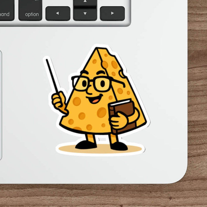 Cartoon-style vinyl sticker of a wedge of cheese with glasses and a book, smiling and giving a thumbs-up. Text reads: “This might be a bit cheesy… but you’re a brie-lliant teacher!”
