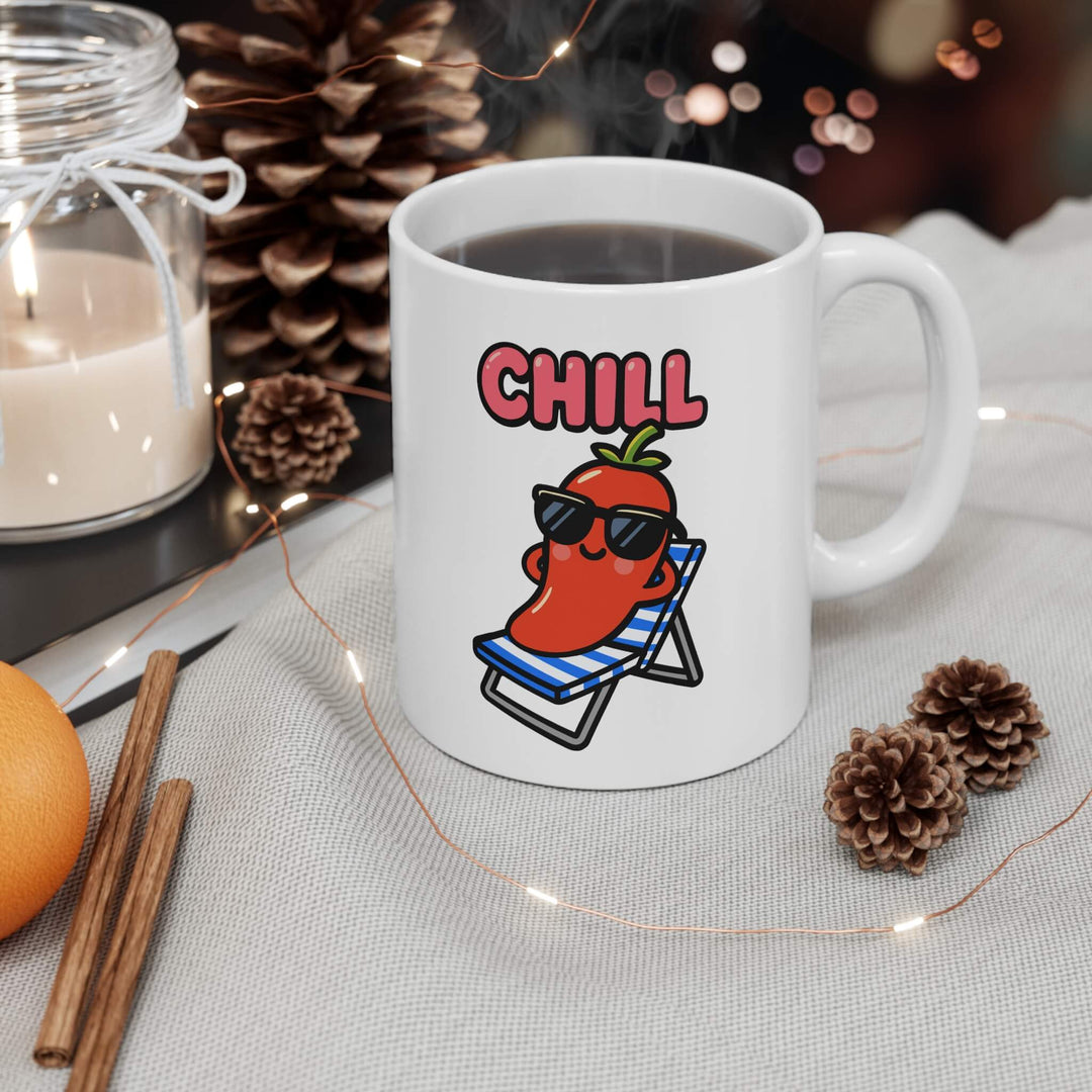 Funny cartoon red pepper wearing sunglasses, lounging on a striped deck chair with the word “CHILL” above, printed on a white ceramic mug placed on a wooden table.

