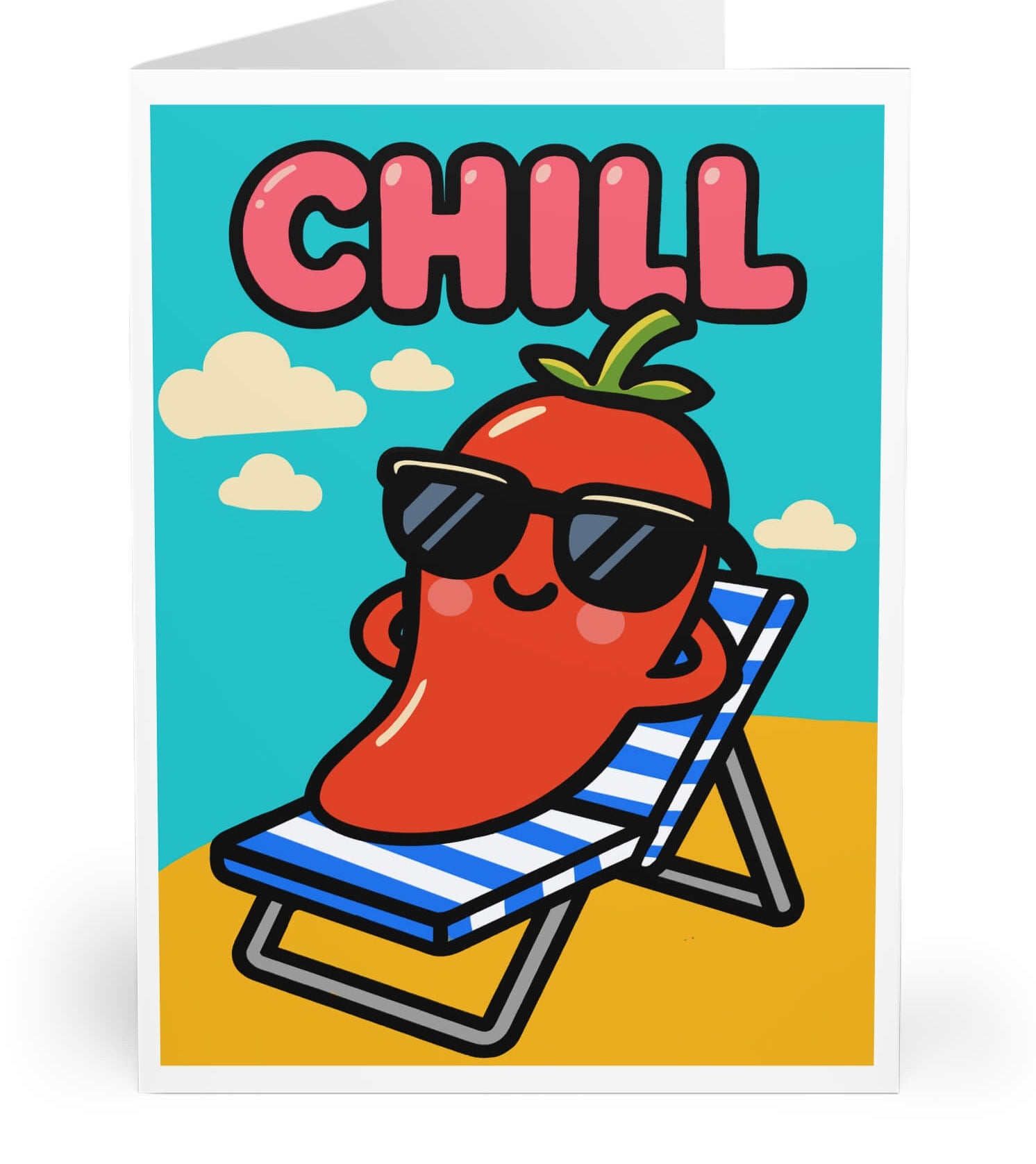 Cartoon red pepper wearing sunglasses on a striped beach chair with bold "CHILL" text above, featured on a colorful greeting card.