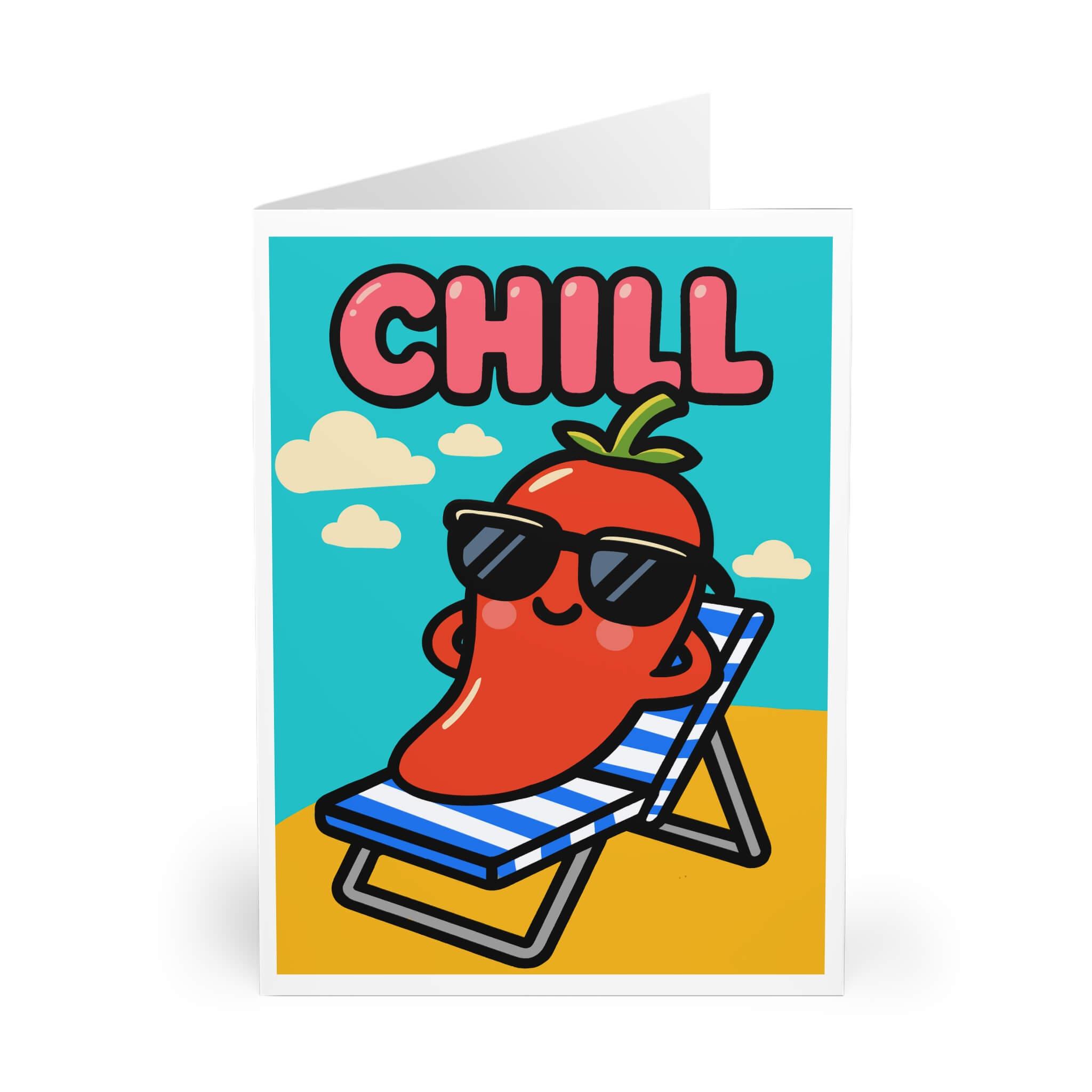 Cartoon red pepper wearing sunglasses on a striped beach chair with bold "CHILL" text above, featured on a colorful greeting card.