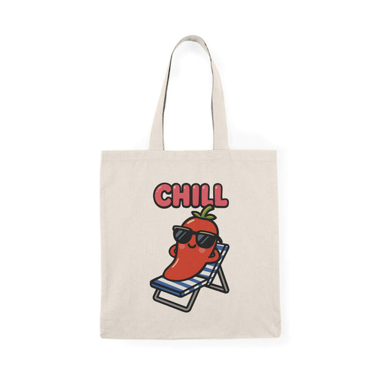 Background version: Cartoon red pepper wearing sunglasses, relaxing on a striped beach chair under the word “CHILL,” with a full blue sky and yellow beach background, printed on a natural cotton tote bag.

No background version: Minimalist cartoon red pepper lounging on a chair under the word “CHILL,” without background, printed on a cotton tote bag.