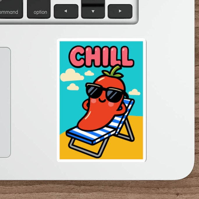 Funny cartoon pepper with sunglasses reclining in a beach chair under the word “CHILL,” in bold poster-style design on a vinyl sticker applied to a skateboard.