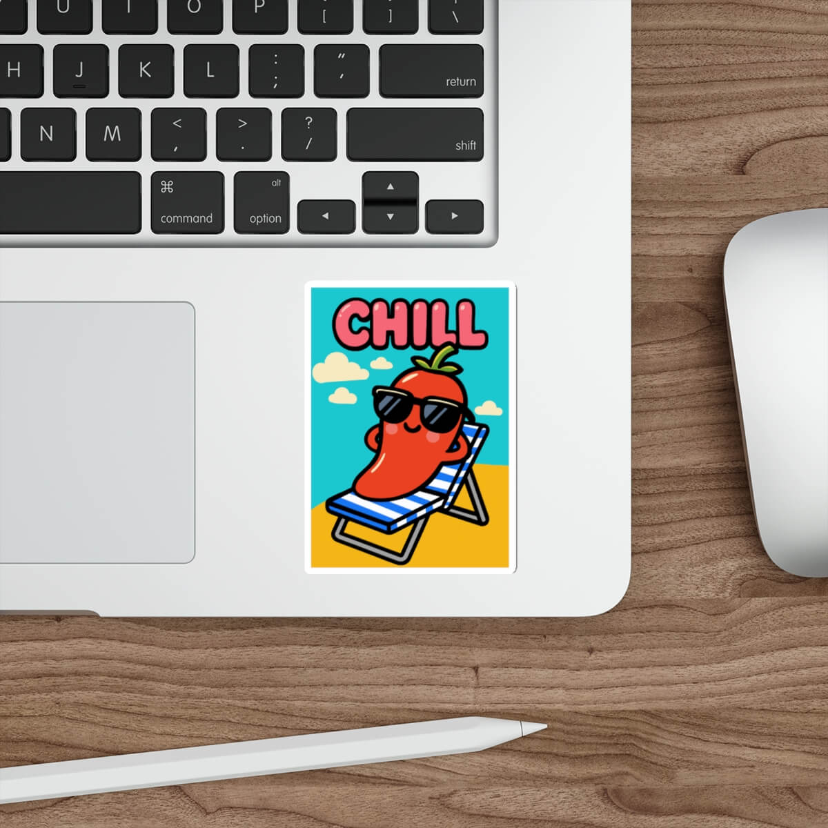 Funny cartoon pepper with sunglasses reclining in a beach chair under the word “CHILL,” in bold poster-style design on a vinyl sticker applied to a skateboard.