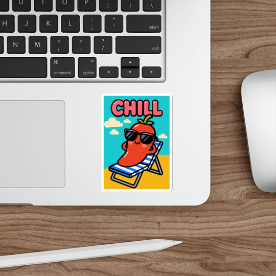 Funny cartoon pepper with sunglasses reclining in a beach chair under the word “CHILL,” in bold poster-style design on a vinyl sticker applied to a skateboard.