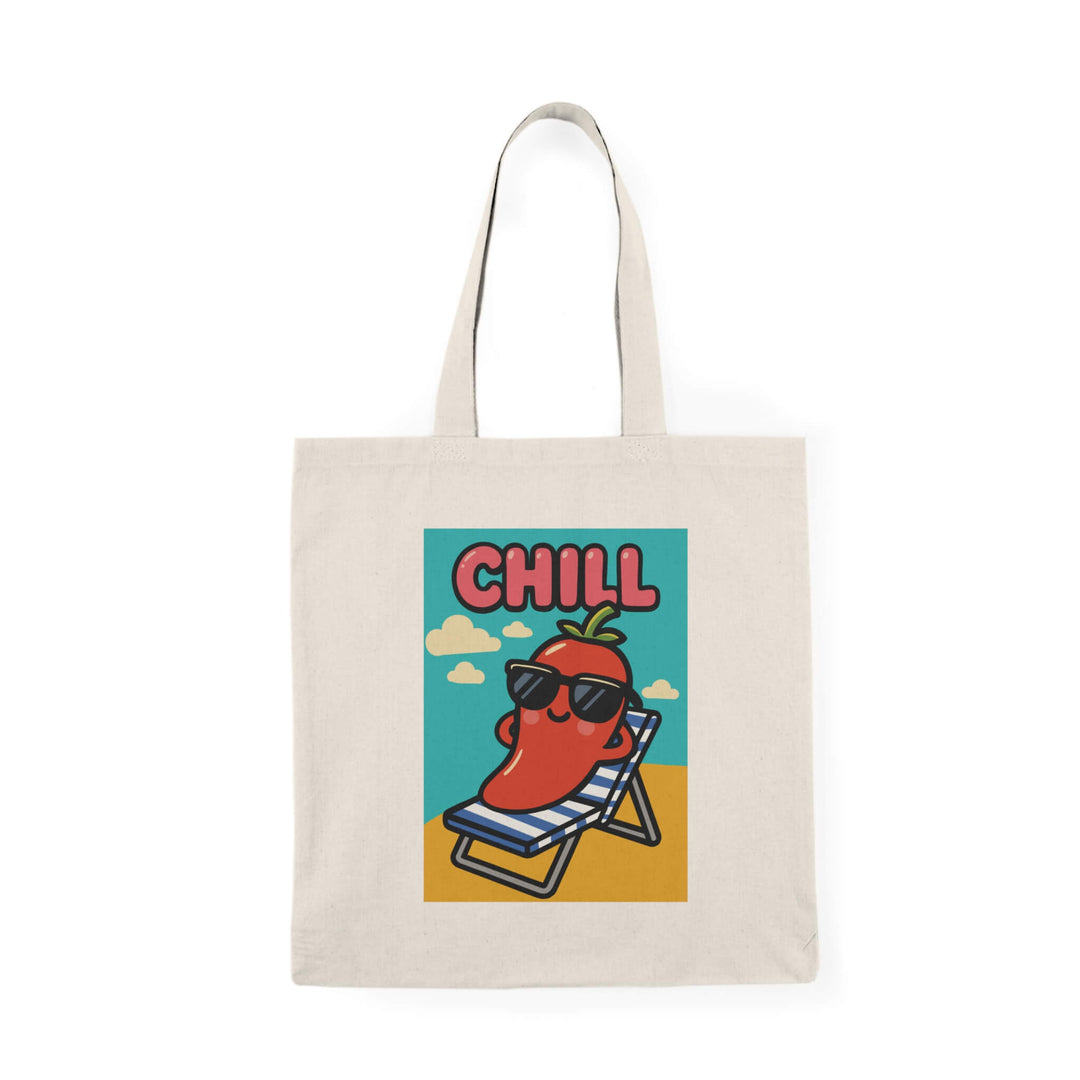 Background version: Cartoon red pepper wearing sunglasses, relaxing on a striped beach chair under the word “CHILL,” with a full blue sky and yellow beach background, printed on a natural cotton tote bag.

No background version: Minimalist cartoon red pepper lounging on a chair under the word “CHILL,” without background, printed on a cotton tote bag.