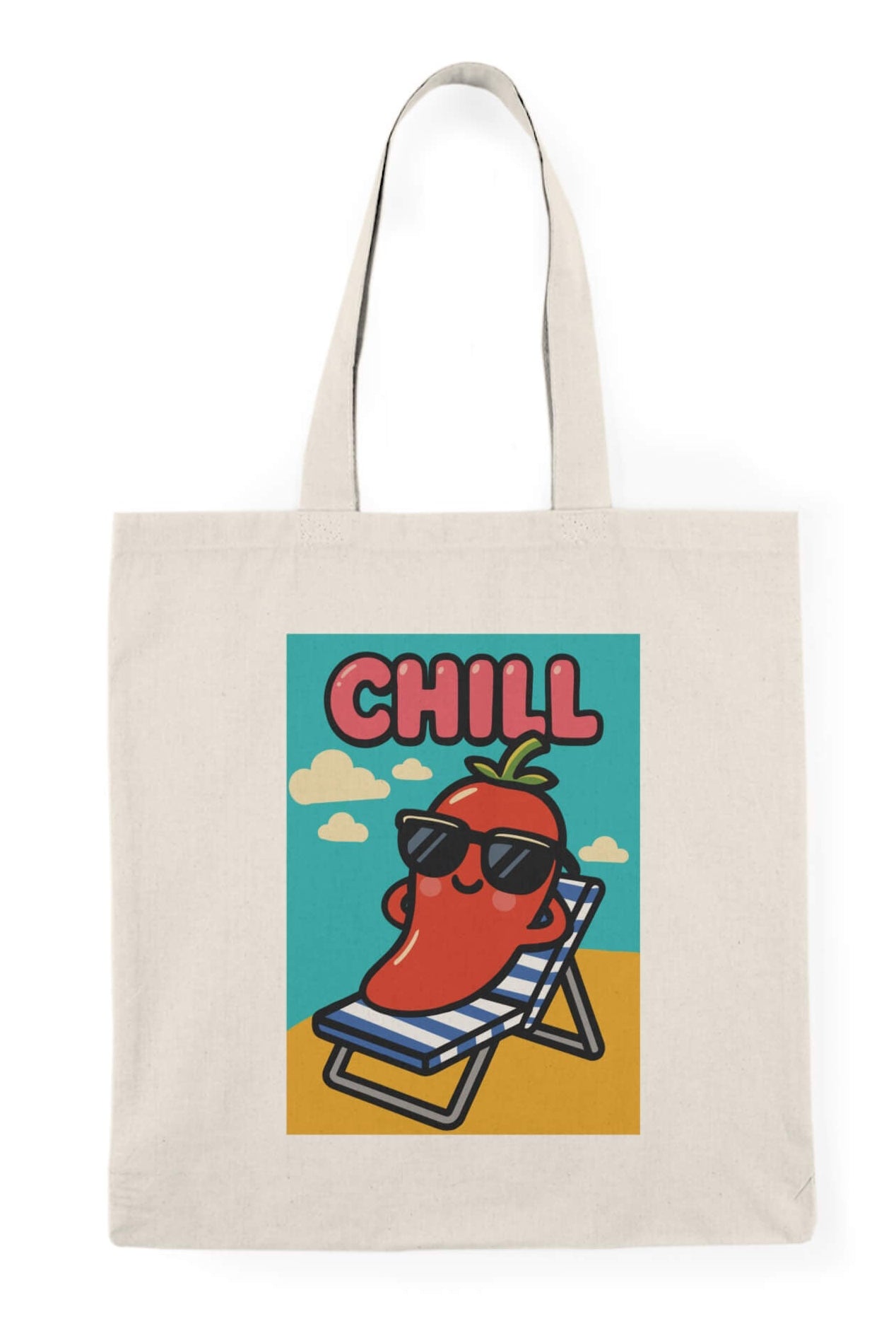 Background version: Cartoon red pepper wearing sunglasses, relaxing on a striped beach chair under the word “CHILL,” with a full blue sky and yellow beach background, printed on a natural cotton tote bag.

No background version: Minimalist cartoon red pepper lounging on a chair under the word “CHILL,” without background, printed on a cotton tote bag.