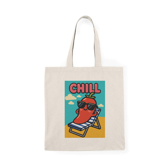 Background version: Cartoon red pepper wearing sunglasses, relaxing on a striped beach chair under the word “CHILL,” with a full blue sky and yellow beach background, printed on a natural cotton tote bag.

No background version: Minimalist cartoon red pepper lounging on a chair under the word “CHILL,” without background, printed on a cotton tote bag.