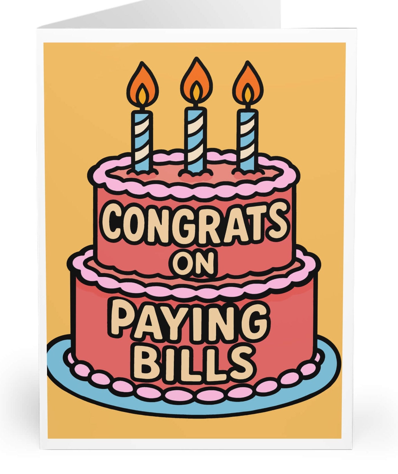 Greeting card with a cake illustration and 'Congrats on Paying Bills' text on a yellow background