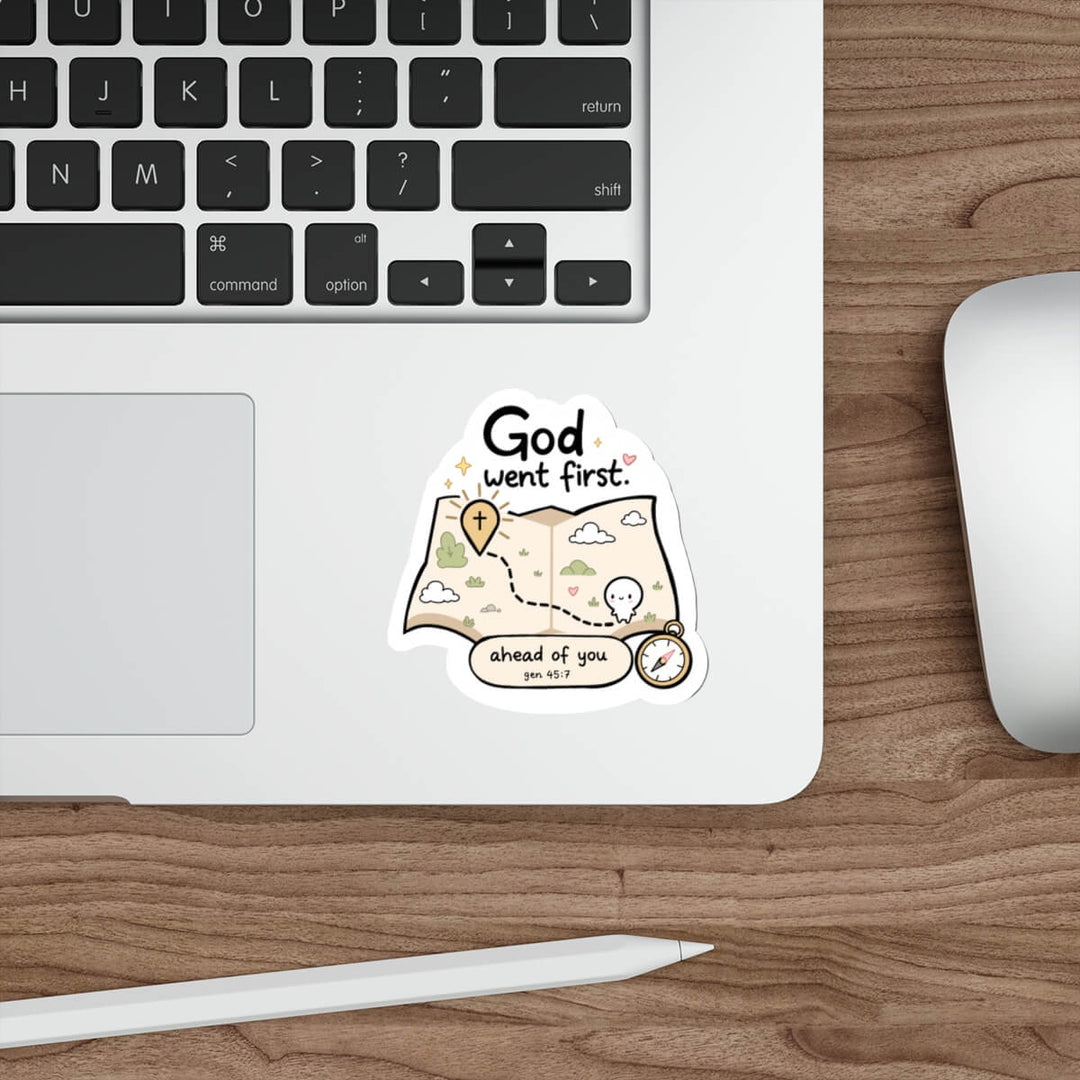 Cute Genesis 45:7 Christian sticker featuring a map with a path leading to a cross, a compass and the words God Went First Ahead Of You.